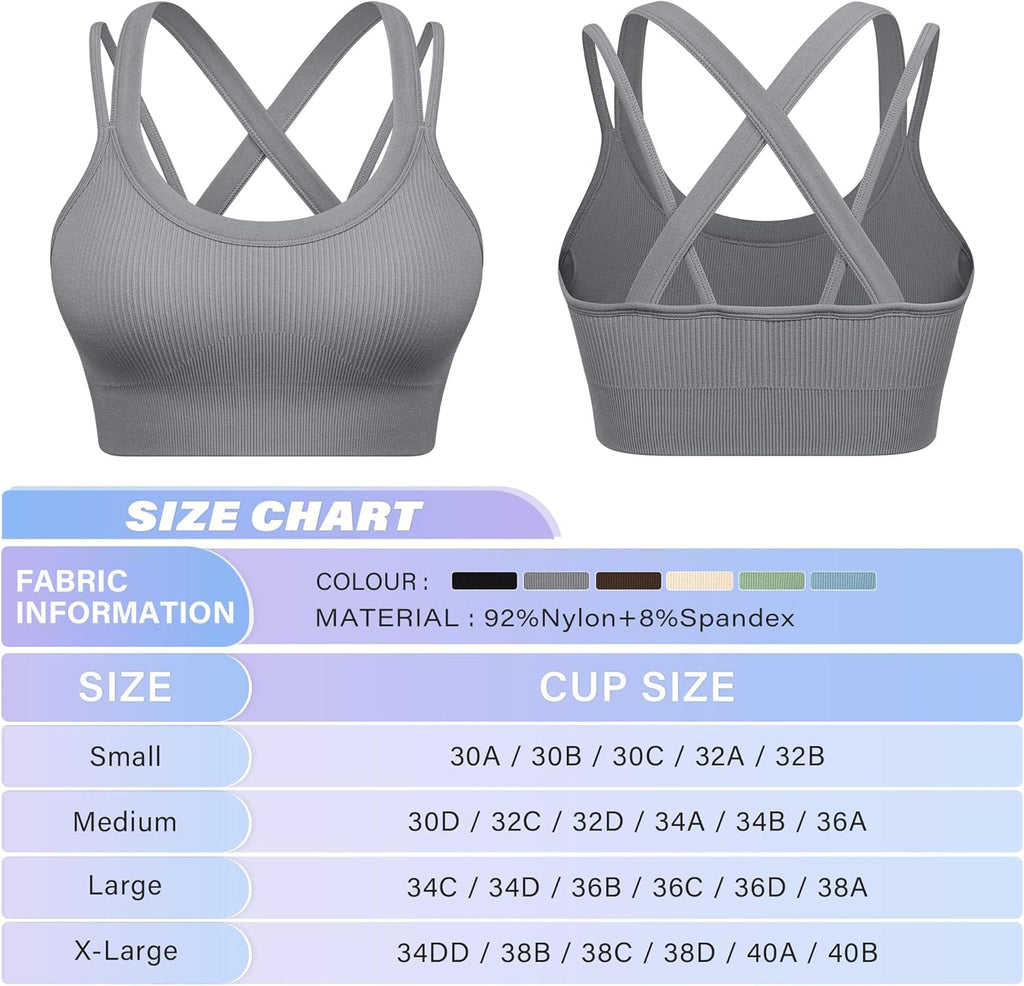 WANAYOU High Support Sports Bras for Women - Ribbed Strappy Criss Cross Back Workout Bra | 3 Pack