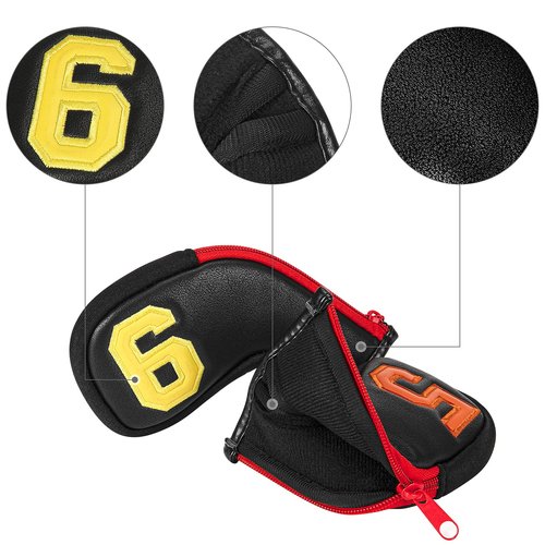 WOSOFE Zippered Golf Iron Head Covers, 10-Piece Set | Premium Waterproof PU Leather with Vibrant Number Embroidery | Universal Fit for All Major Brands | Noise-Dampening Protective Iron Sleeves, Black