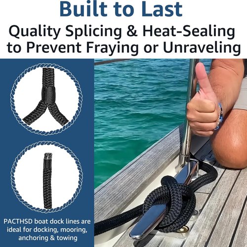 Marine Grade Dock Lines by [Brand Name] - 1/2" x 15' Double Braided Nylon Boat Rope - Fray Resistant, Easy Handling, 12" Loop - Black | 2 Pack
