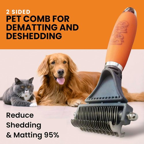 GoPets 2-in-1 Dematting Comb - Double-Sided Dog Brush & Cat Grooming Rake for Shedding & Mats