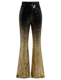 ODIZLI Sequin Pants Women Wide Leg Sparkle Dance Glitter Womens Sequence Pants for Ladies Sparkly Black Flare Disco Costume Clubwear Party Bell Bottom Leggings Black Gradient Gold XL