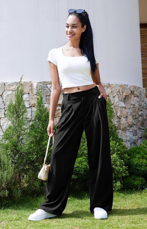 Libin Women's Wide Leg Pants - High Waisted Waffle Knit Casual Slacks with Pockets | 27"/29" Sizes