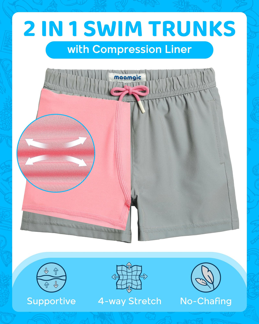 maamgic Boys Swim Trunks with Compression Liner 4-Way Stretch Quick Dry Swim Shorts Swimming Trunks Toddler Boy Gray Pink 10-12 Years