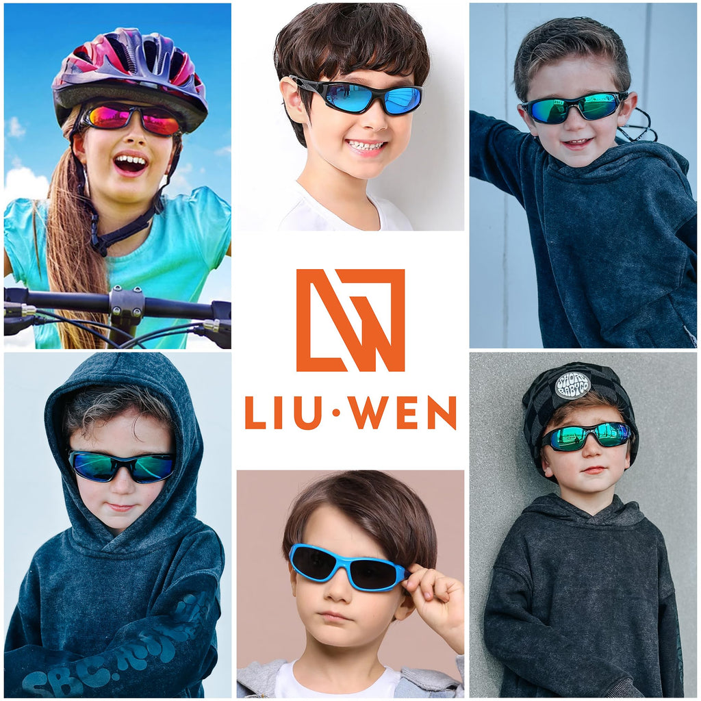 LIU·WEN Kids Sports Polarized Sunglasses - Flexible Youth Baseball Beach Sun Glass With Strap for Boys Girls Age 4-12(Black/Orange Mirrored)