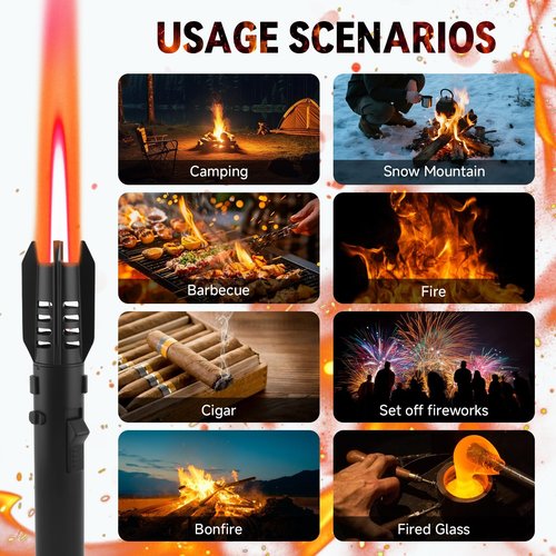 Torch Lighter, Straight Flame Butane Cool Lighters, Refillable Windproof Adjustable with Safety Lock，for Kitchen Hiking BBQ Outdoor Camping(Black)