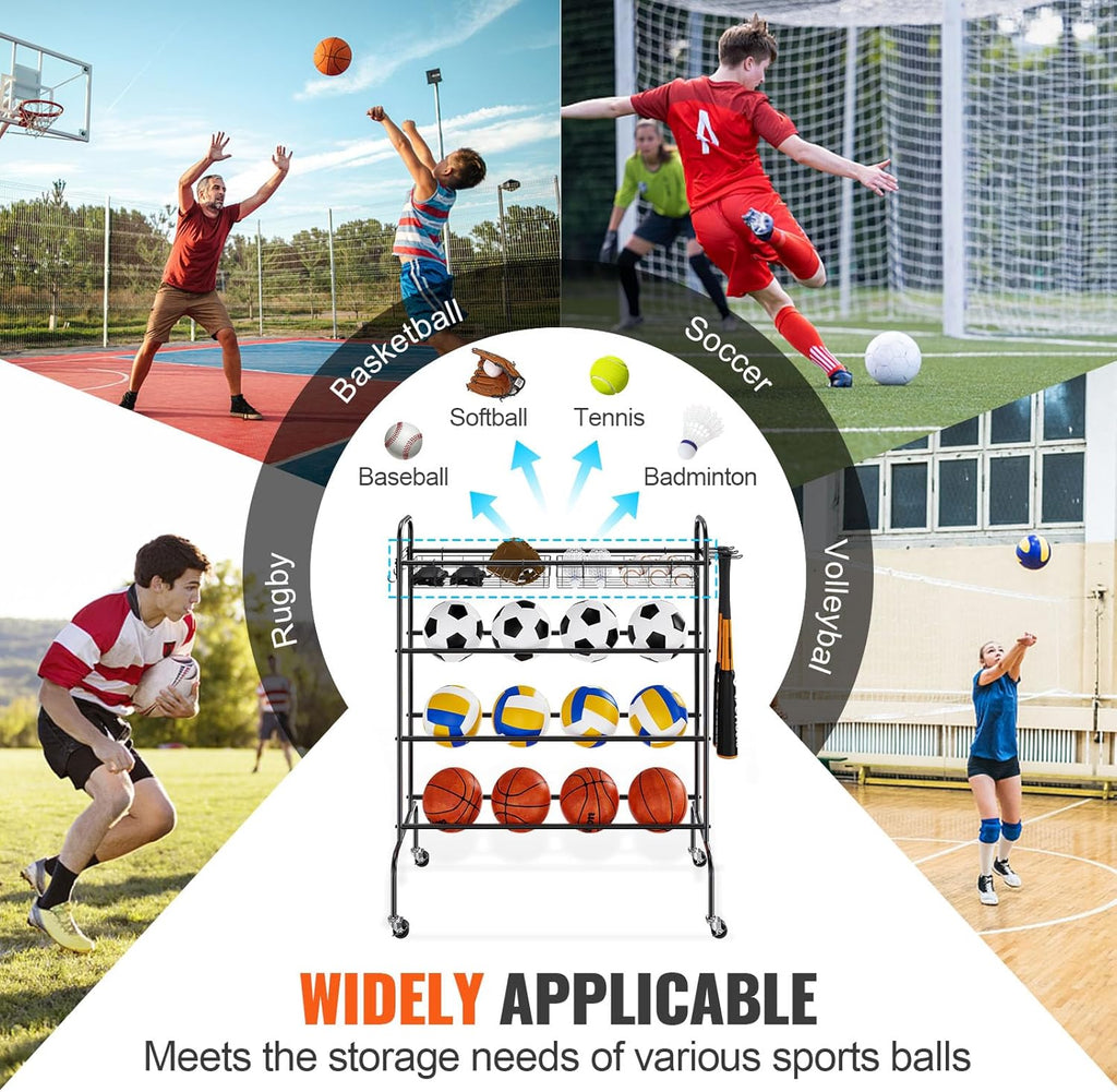 VEVOR Rolling Sports Ball Storage Cart - Lockable Basketball Cage & Organizer for Indoor/Outdoor Use
