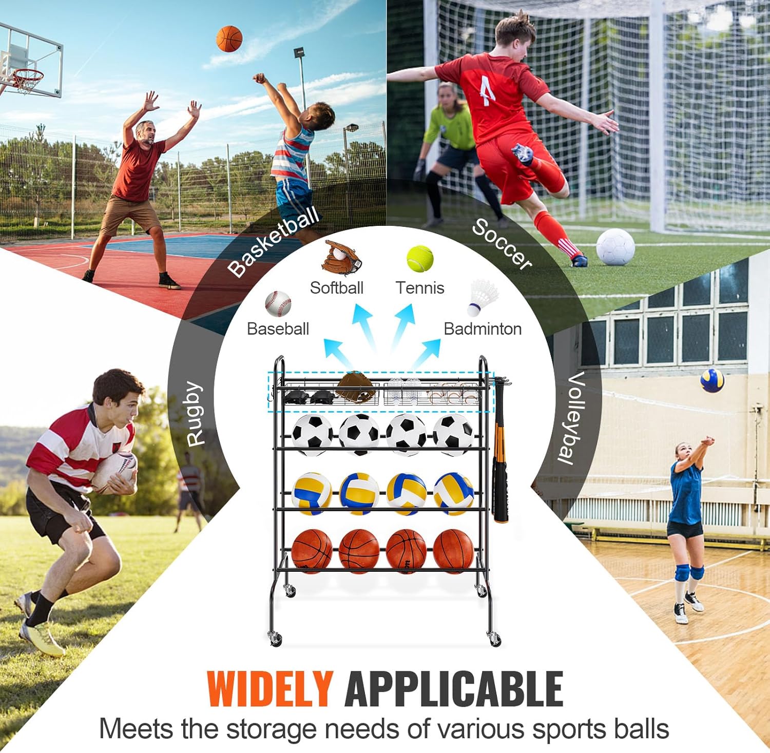 VEVOR Rolling Sports Ball Storage Cart - Lockable Basketball Cage & Organizer for Indoor/Outdoor Use