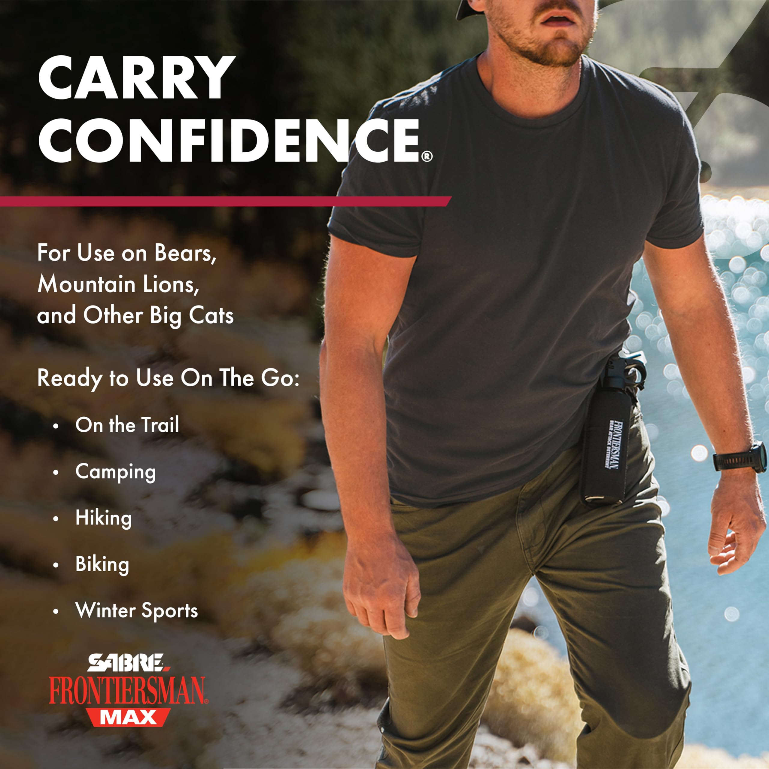 Sabre Frontiersman MAX Bear Spray – 40 ft Range, Maximum Strength, The Only EPA-Registered Spray for Bears & Mountain Lions, 7.9 oz, Glow Safety Clip, Outdoor Hiking & Camping Protection