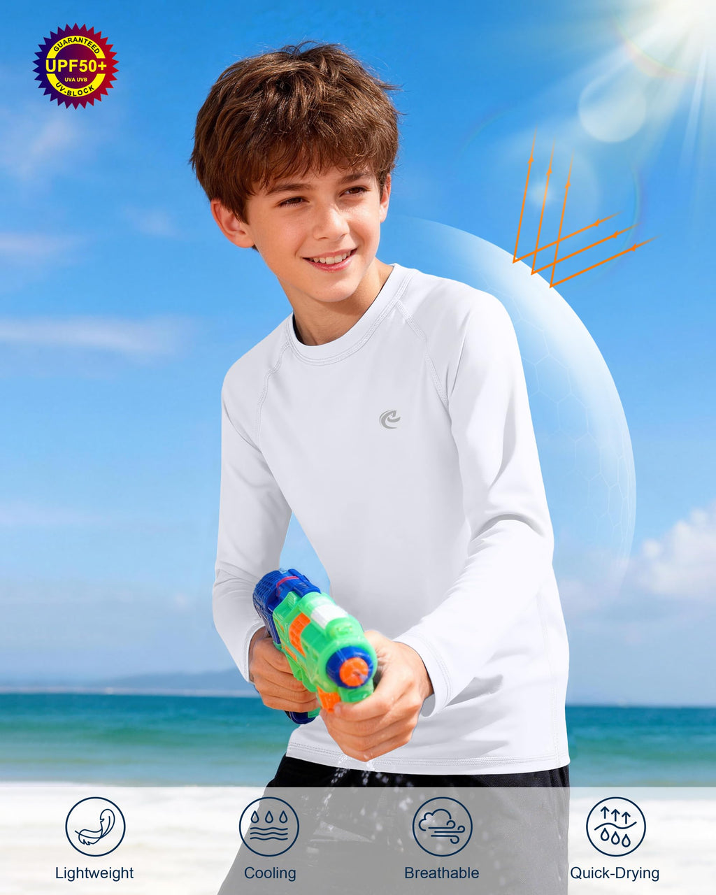 Boys UPF 50+ Swim Shirt Long Sleeve, 1 or 2 Pack UV Sun Protection Rash Guard, Youth Kids SPF Water Shirts for Beach Surf