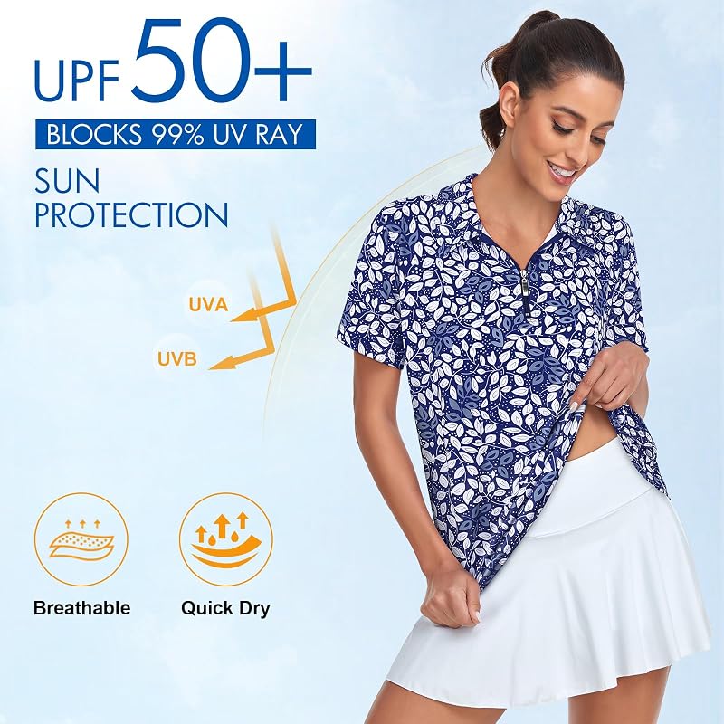 Tanst Sky Women's Golf Polo Shirt - Short Sleeve V-Neck with Adjustable Zip, Leaf Pattern (A-Blue White) - Athletic Workout Top