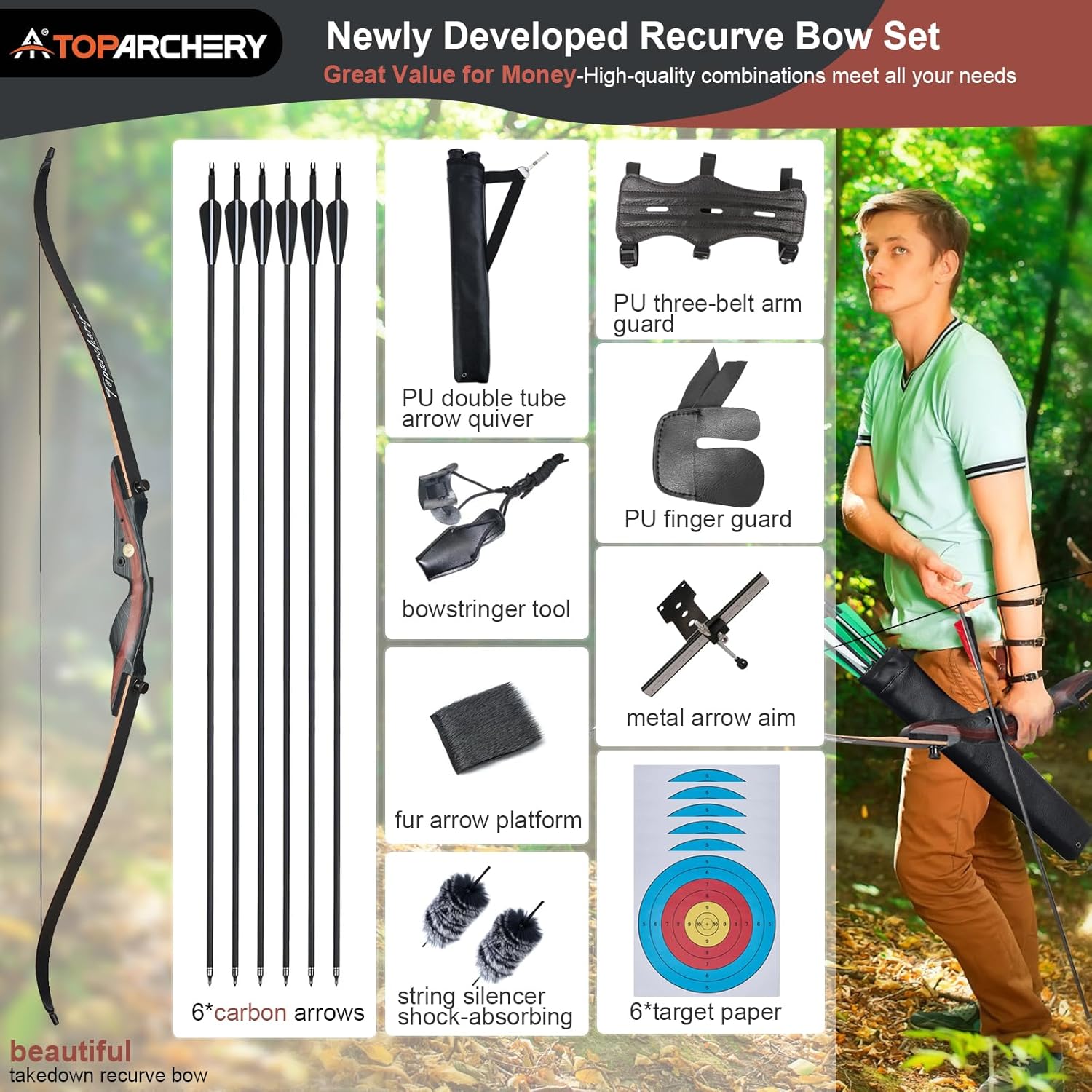 TOPARCHERY 62" Recurve Bow and Arrow Set - Ideal for Adults & Youth Beginners | Right-Handed Takedown Design