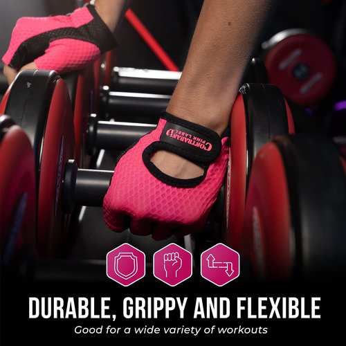 5307 Womens Designer Workout Gloves | Low Sweat Diamond Mesh Fabric w/ Grip-Lock™ Silicone Palm (Pink, Large)
