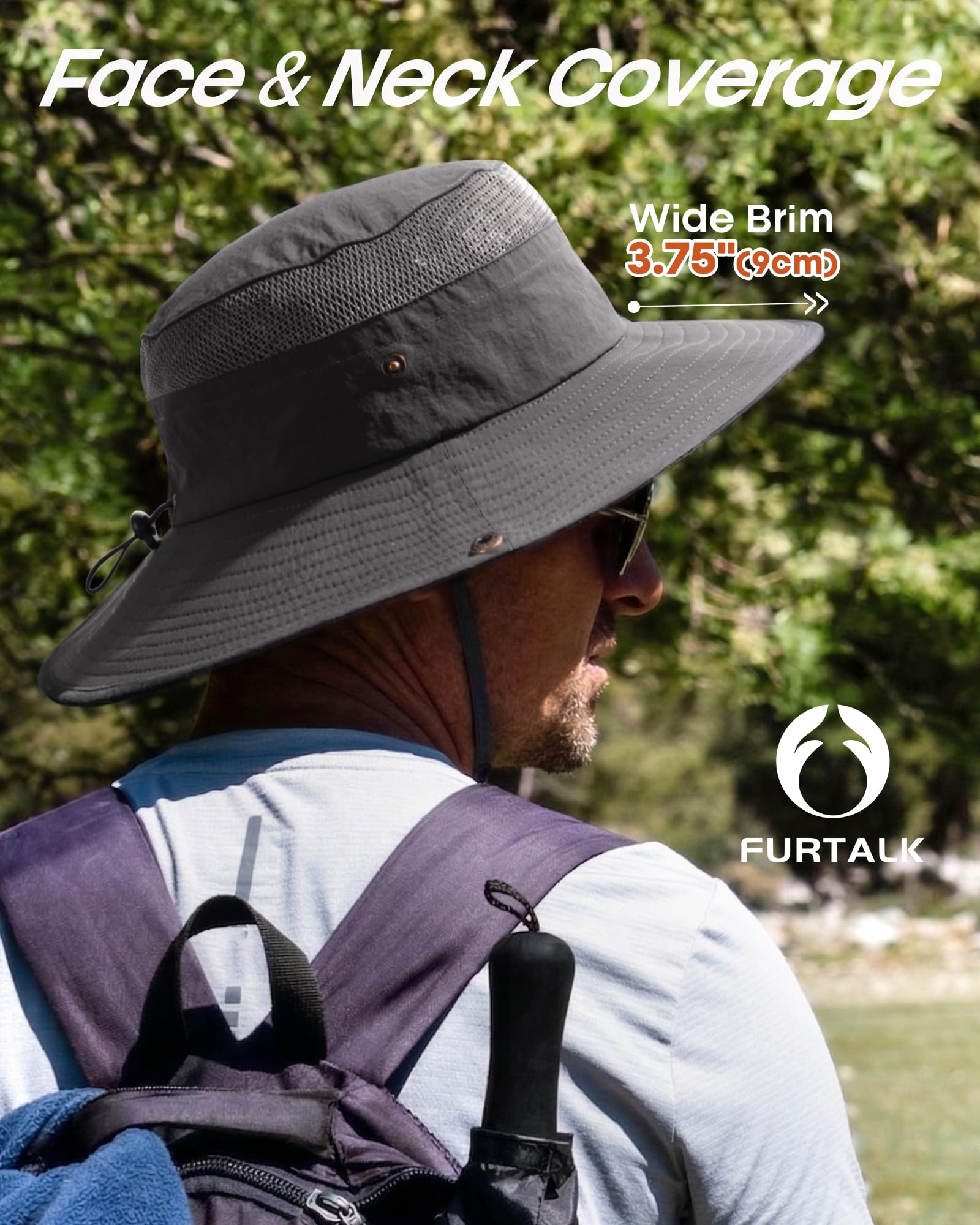 FURTALK Sun Hats for Men Women Fishing Hat UPF 80+ Breathable Wide Brim Hiking Summer UV Protection Bucket Hats Dark Grey