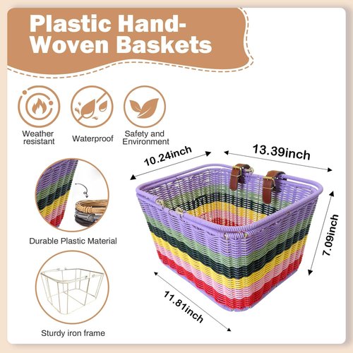 Bike Basket Front, Large Wicker Baskets for Bike, Hand-Woven Bicycle Basket with Iron Framework, Detachable Front Handlebar Bike Basket (Rainbow)