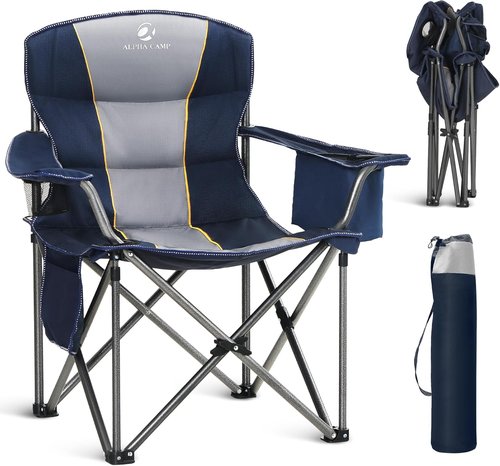 ALPHA CAMP Oversized Folding Camping Chair - Heavy Duty Portable Lawn Chair with Cooler Bag & Cup Holder | Supports 450 LBS