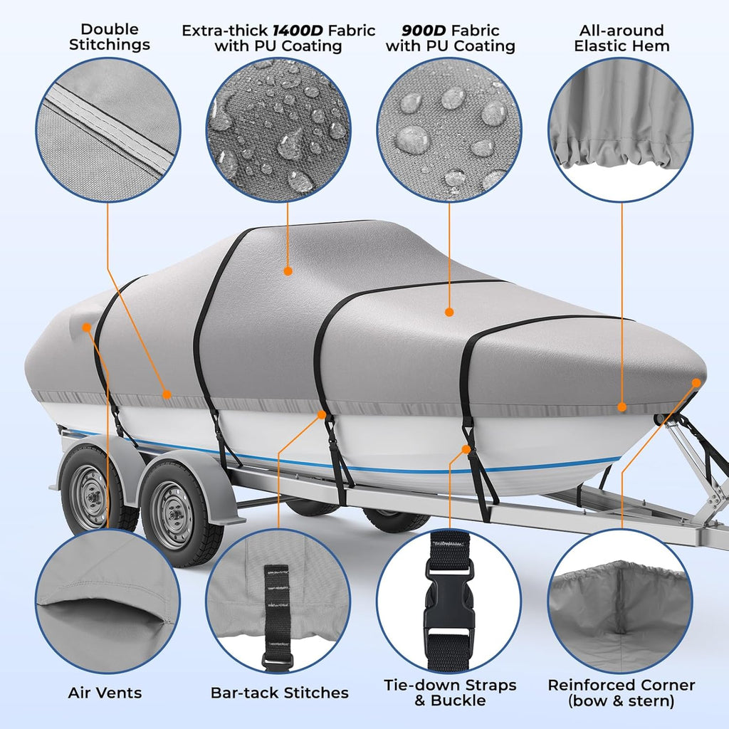 RVMasking Waterproof Boat Cover - Heavy Duty 1400D Marine Grade | Fits 16-18.5 ft V-Hull Bass Boats, Gray