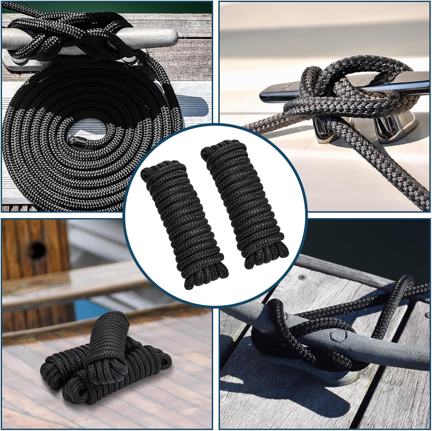 Premium Marine-Grade Dock Lines by [Brand Name] - 4 Pack 1/2" x 15’ Double Braided Nylon with 12" Eyelet - Black