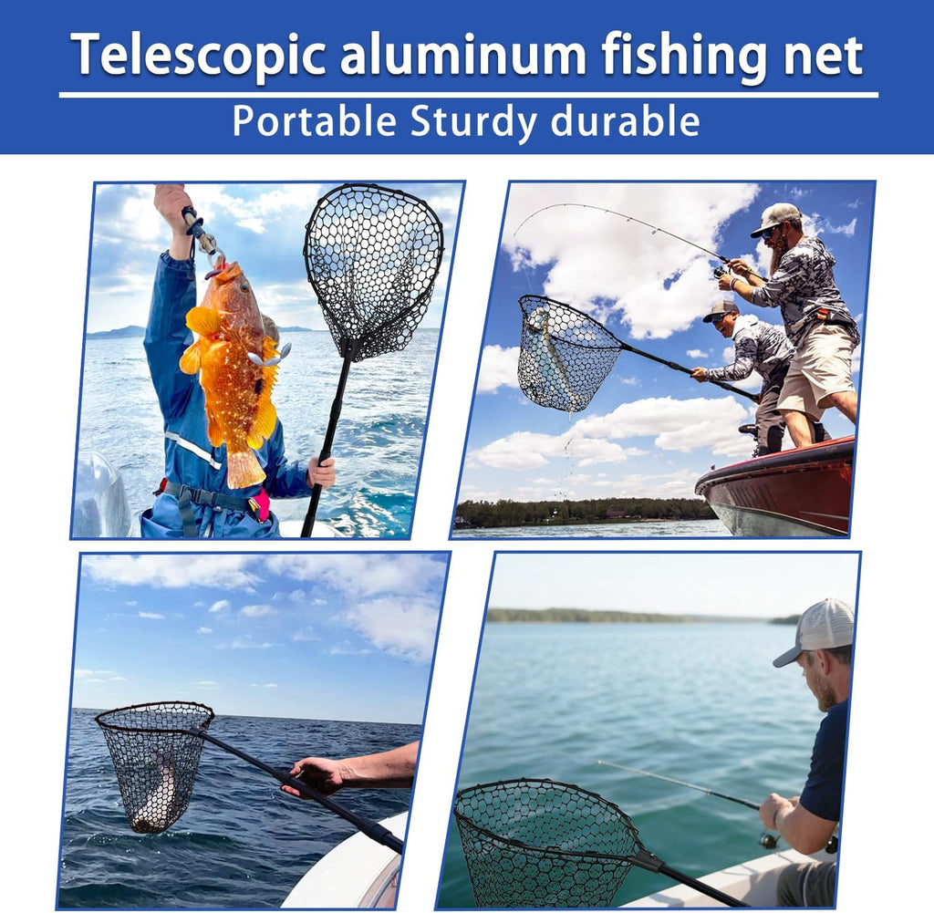 Telescoping Rubber Fishing Net - 64"/46" Long Silicone Landing Net for Kayak & Saltwater Fishing