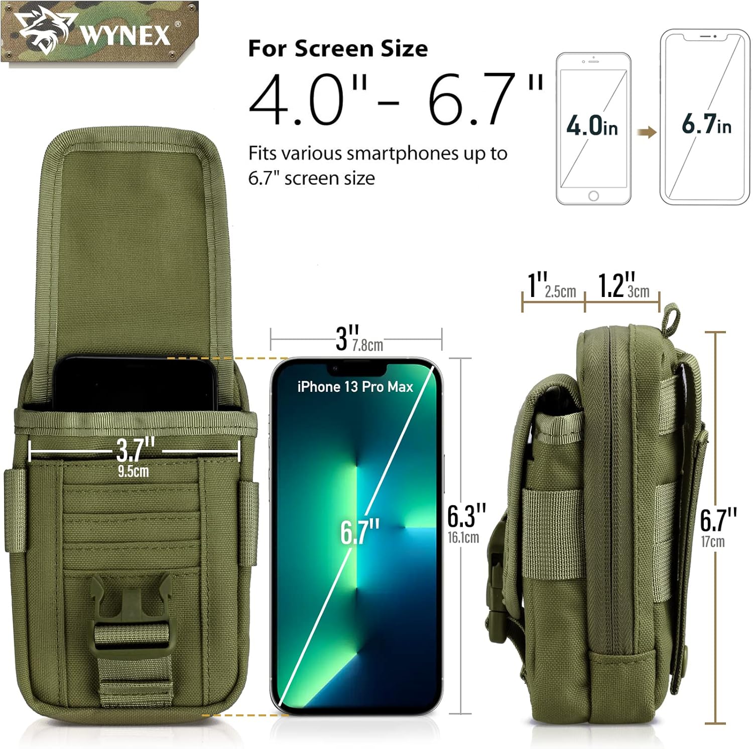 WYNEX Tactical Compass Phone Pouch - Large Molle Smartphone Holster with Double Capacity & Carabiner