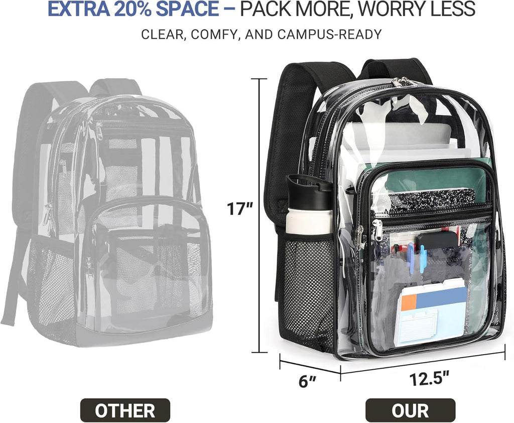 ZORFIN Clear Backpack - Heavy Duty 17in Transparent PVC Bag with Large Capacity & Reinforced Straps | Black