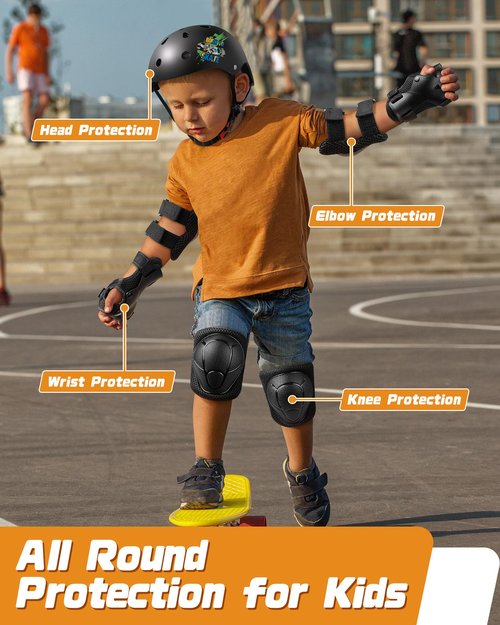 Kids Bike Helmet Set, Adjustable Helmet for Ages 3-10 Year Boys Girls, Pad Set with Knee and Elbow Pads for Bike, Roller, Skating, Scooter, Longboard and More Sports
