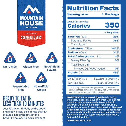 Mountain House Gluten-Free Scrambled Eggs with Uncured Bacon - Freeze-Dried Camping Food, 2 Servings, 30-Year Shelf Life