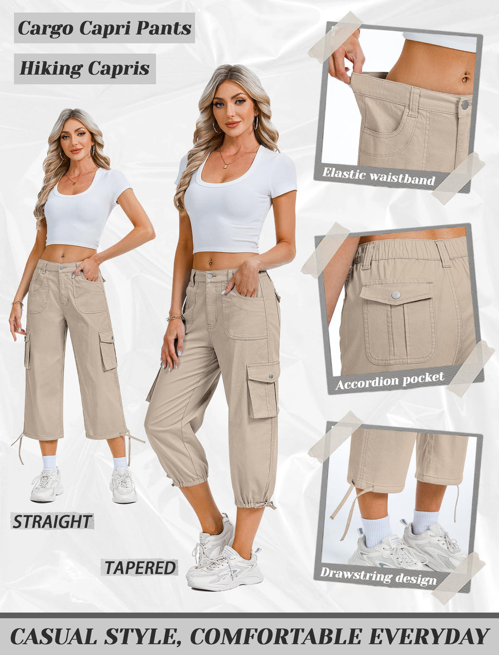 Eddoyee Cargo Capris for Women Pants Cotton Hiking Pants with 6 Pockets Elastic Waist Casual Summer Pants 2026 Khaki