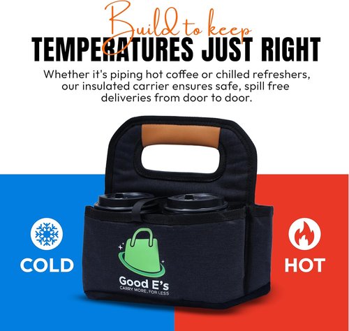 Good E’s Reusable Coffee Cup Carrier - Insulated Tote Bag for 4 Cups | Waterproof & Portable (16oz to 24oz)