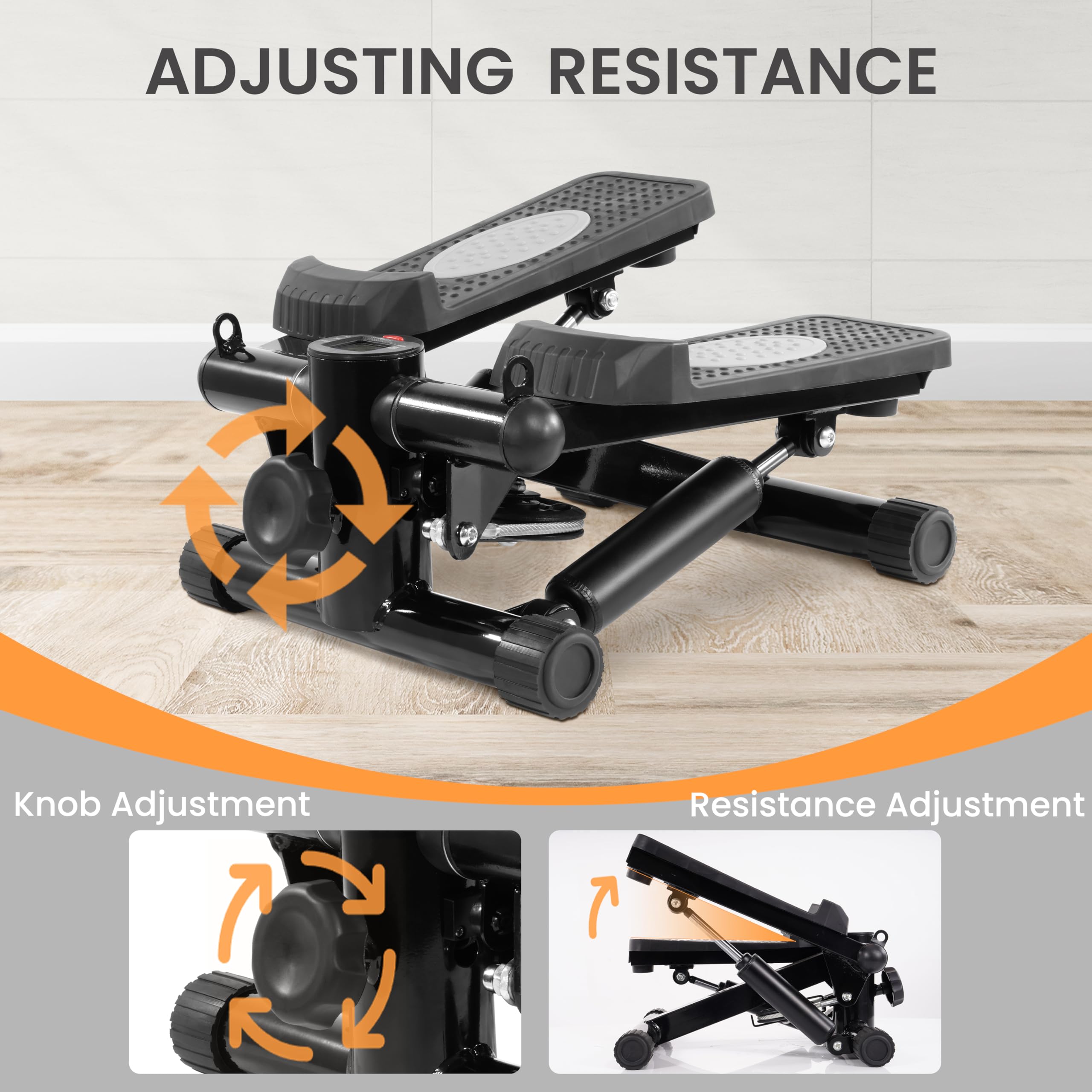 Signature Fitness Pre-Assembled Adjustable Mini Stepper Stair Machine with Resistance Bands, Midnight Black