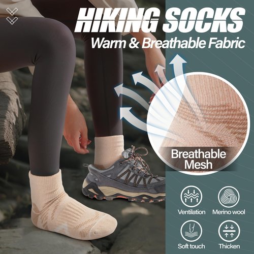 ANTSANG 6 Pairs Merino Wool Quarter Ankle Hiking Running Socks Compression Thermal Thick Cushion Socks for Women Men(Pink Series,M)