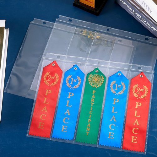 Henoyso Award Ribbon Organizer - Clear Plastic Holder with 50 Blank Pages for 3-Ring Binders