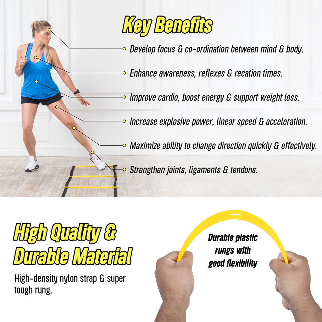 20ft Sports Agility Ladder for Men Women and Kids, Speed Youth Soccer Agility Training Equipment for football, exercise, Tennis, Legs Workout with Speed Parachute with, Cones and Carry Bag (Blue)