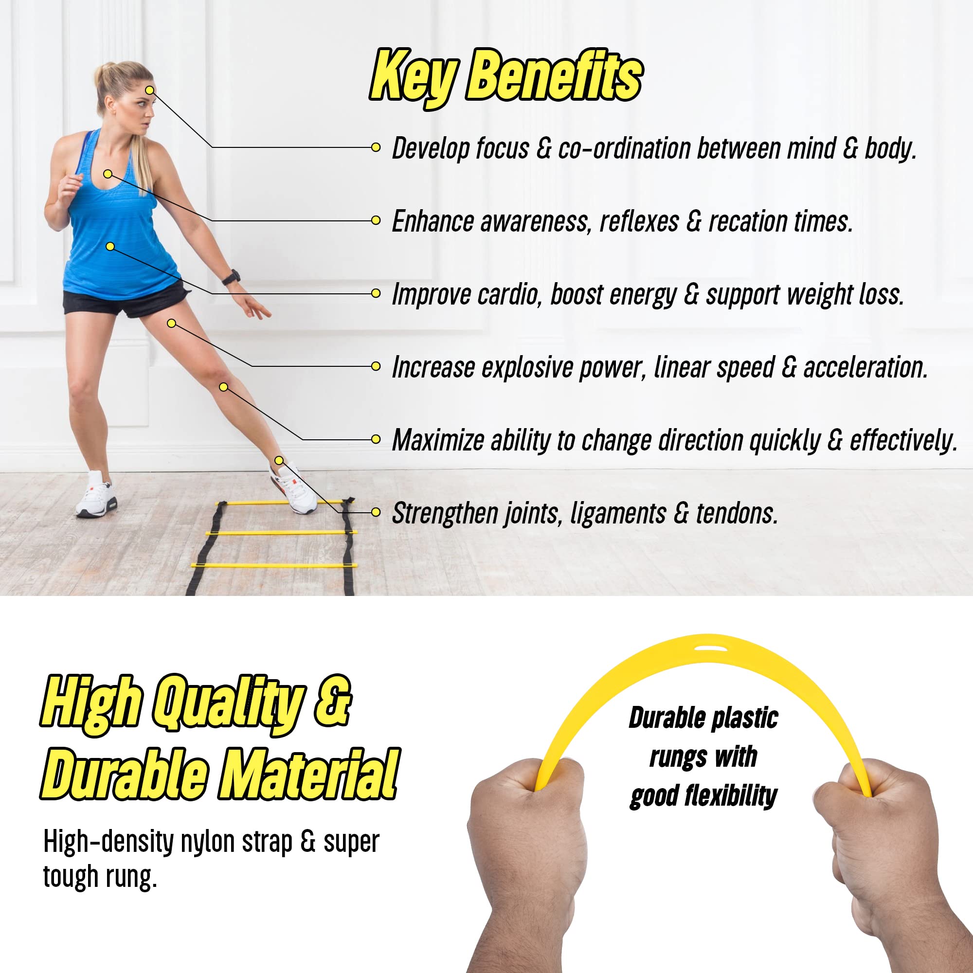 20ft Sports Agility Ladder for Men Women and Kids, Speed Youth Soccer Agility Training Equipment for football, exercise, Tennis, Legs Workout with Speed Parachute with, Cones and Carry Bag (Blue)