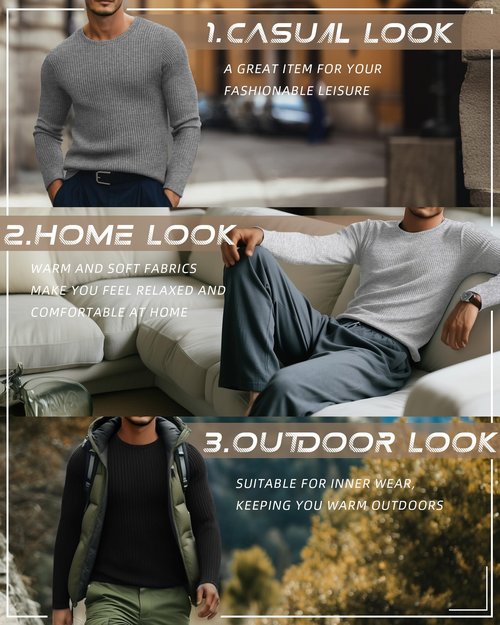 Riyiper 3 Pack Men's Ribbed Thermal Shirts Crew Neck Long Sleeve Tops Winter Stretchy Slim Basic Undershirt(Black, Gray, Light Gray,M)