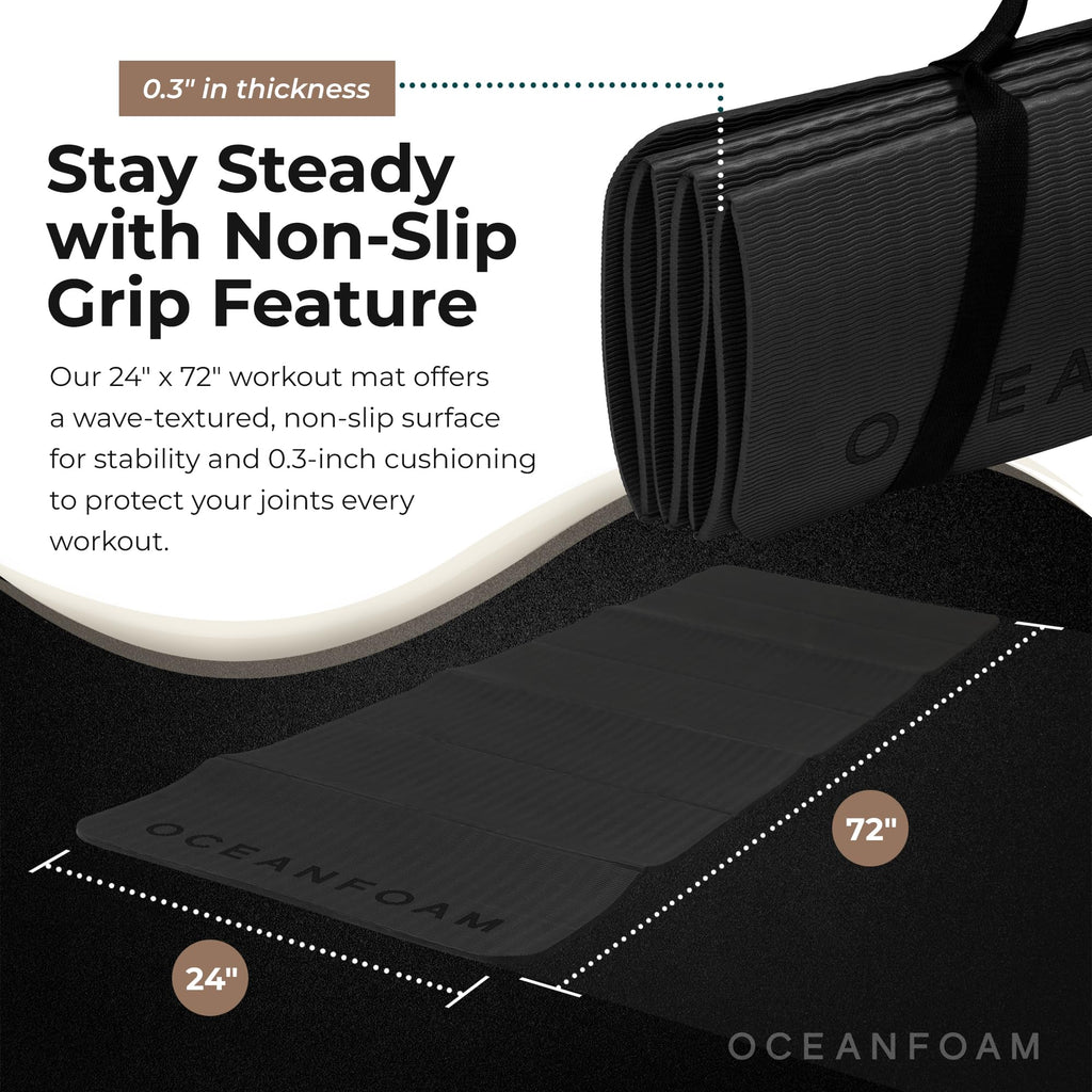 Oceanfoam Travel Workout Mat – 0.3" Thick Folding Exercise Mat for Yoga, Pilates, & Fitness – Non-Slip with Cotton Carrying Strap, Made with Sustainable Algae Foam – 24" x 72" (Charcoal)