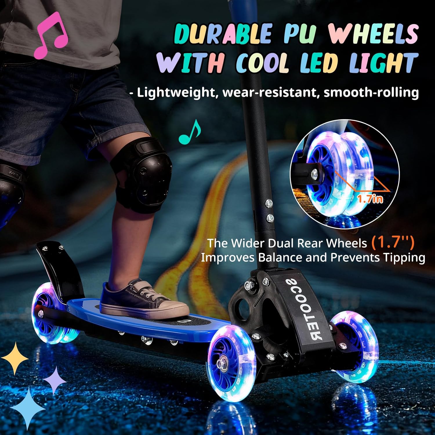 Skiennix Kick Scooter for Kids 3-7 Years - Light-Up Three-Wheel Design, Adjustable Height, Foldable, Stable Dual Rear Wheels