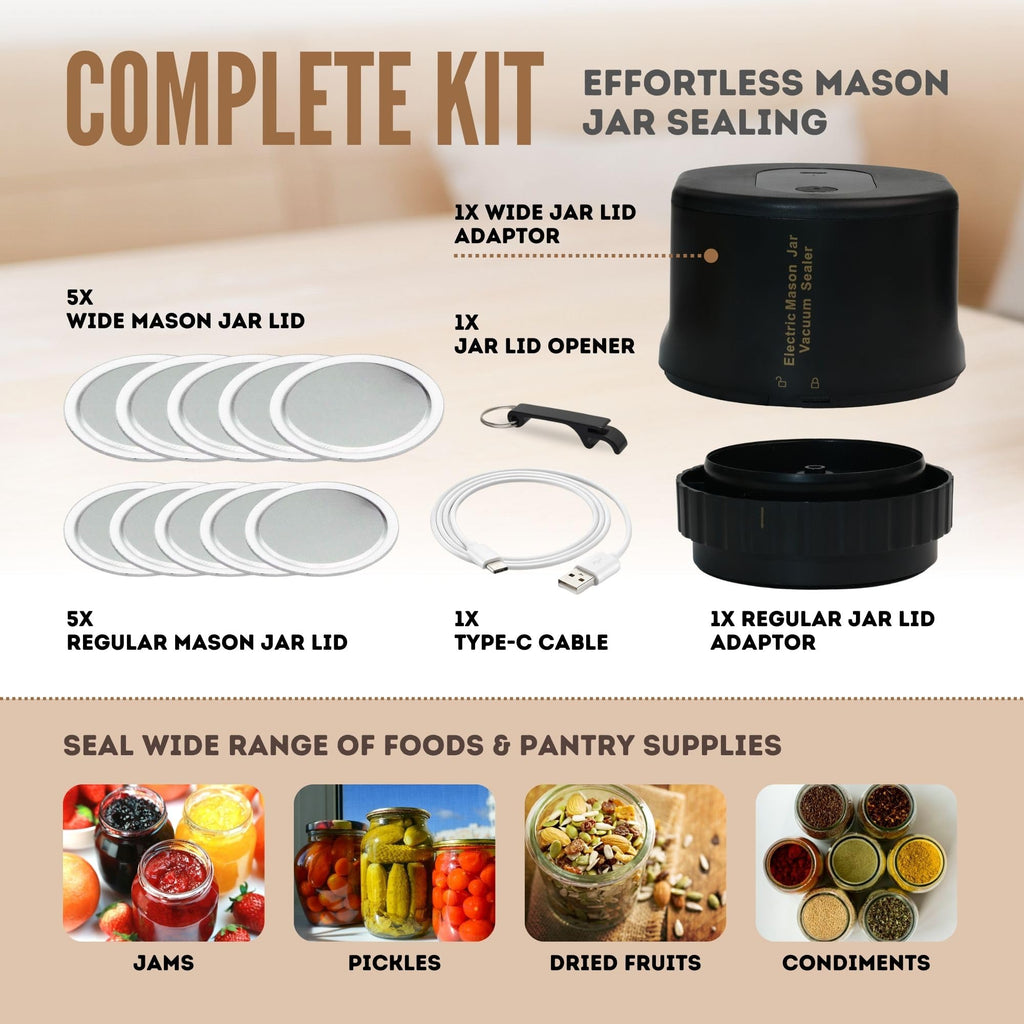 All-New 2026 Electric Mason Jar Vacuum Sealer Kit – Automatic Rechargeable Sealer for Mason Jars – Includes 5 Lids (Regular & Wide Mouth), Lid Opener, & Type-C Cable – Eco-Friendly Food Preservation