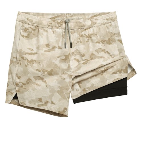 maamgic Men's 5'' Athletic Shorts 2 in 1 Running Shorts Recycled Polyester Workout Shorts Desert Sand Small