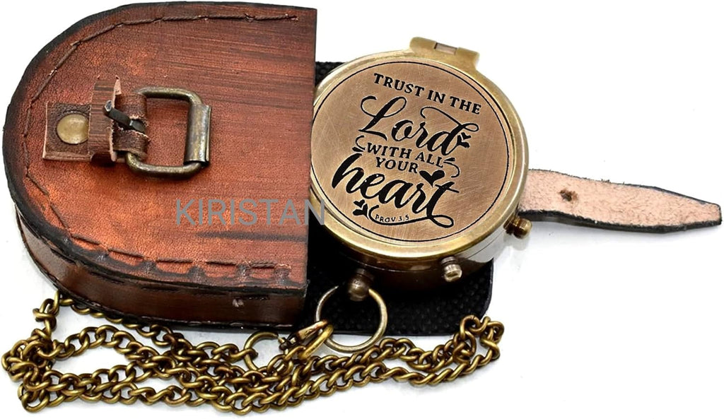 Trust In The Lord Compass - Engraved Antique Brass Pocket Compass with Leather Case | Faith Keepsake Gift for Men & Women