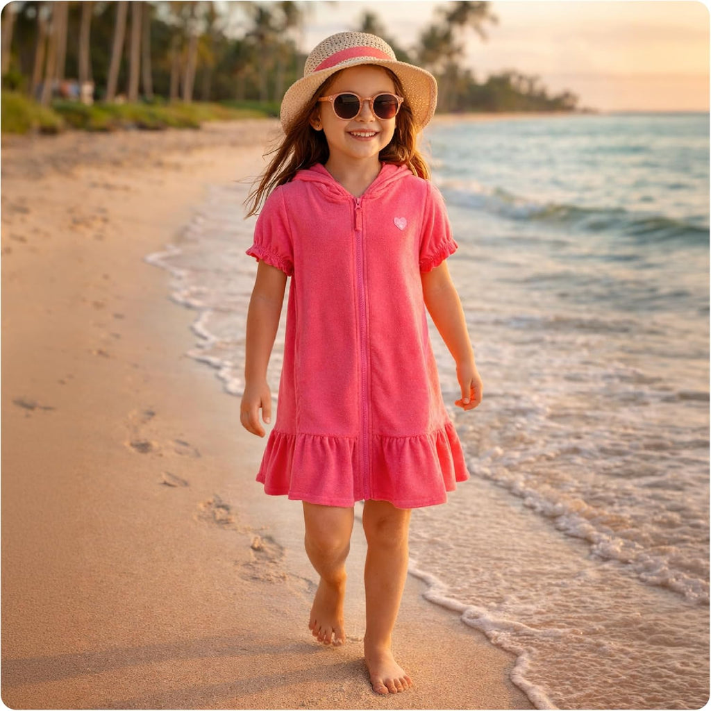 Pink Platinum Girls Swim Cover-Up - Soft Cotton Hooded Ruffled Bathrobe Dress in Terry Cloth