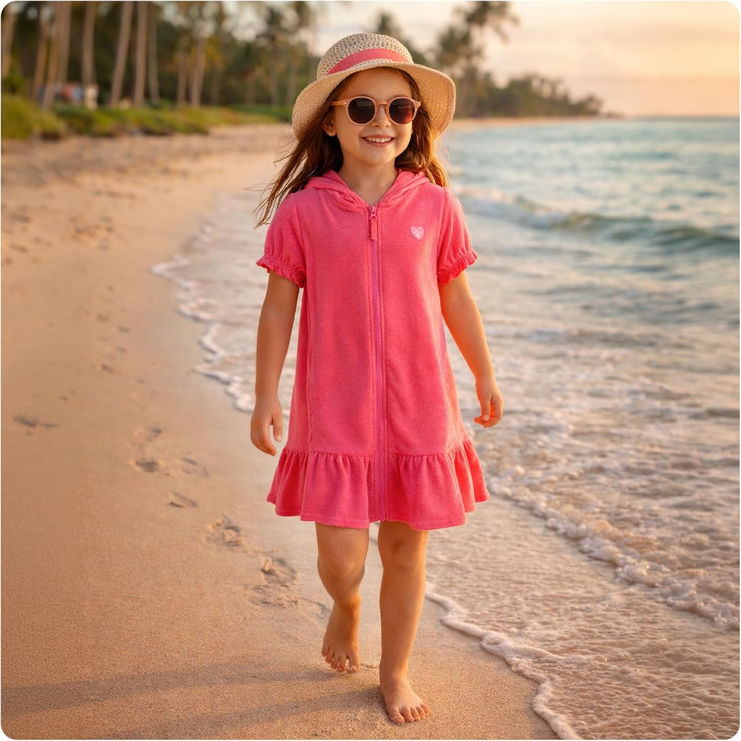 Pink Platinum Girls Swim Cover-Up - Soft Cotton Hooded Ruffled Bathrobe Dress in Terry Cloth