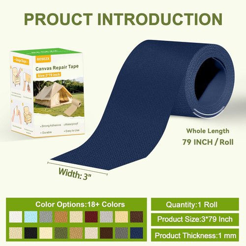 Besezx Canvas Repair Tape - Waterproof Self-Adhesive Fabric Patch for Outdoor Gear | 3x79 Inches (Dark Blue)