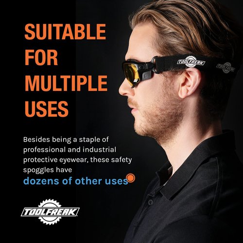 ToolFreak Spoggles Safety Glasses HD Yellow Polycarbonate Lens, Impact Protection, Foam Padded, ANSI Z87 Rated, Head Strap and Carry Pouch