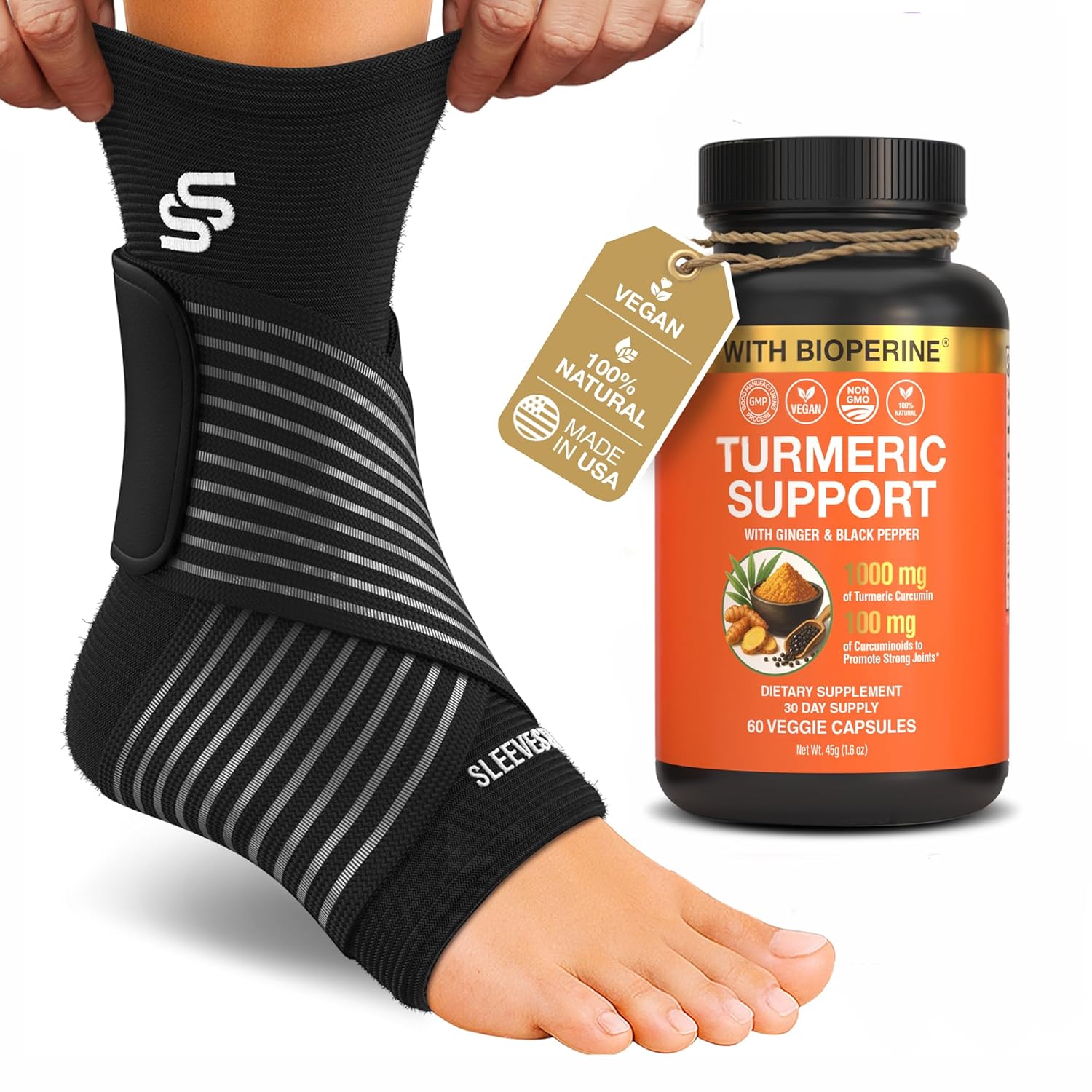Sleeve Stars Ankle Brace - Adjustable Compression Sleeve & Turmeric Curcumin Joint Support Bundle