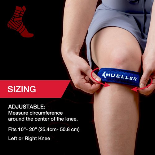 MUELLER Sports Medicine Jumper's Knee Single Strap for Men and Women, Knee Compression and Pain Relief Support, Ideal for Osgood-Schlatter's, Patellar Tendinitis, Blue, One Size