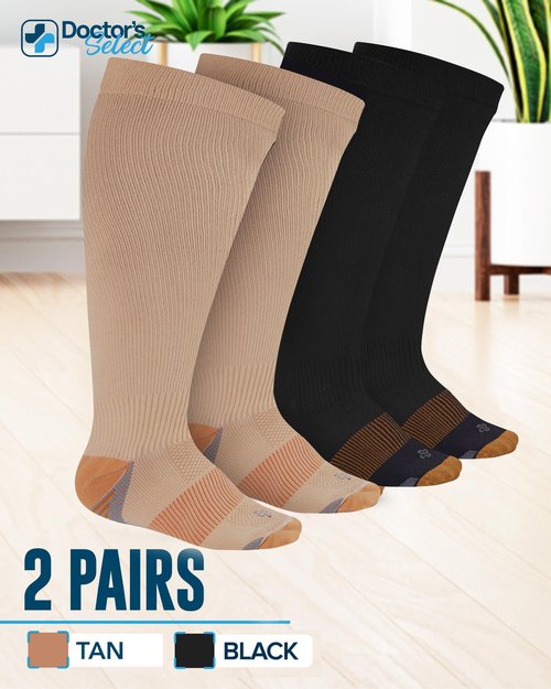 Doctor's Select Copper Plus Size Compression Socks Wide Calf - 2 Pairs | 20-30mmHg Extra Wide Calf Compression Sock Women |Traveling & Running | Tan /cppr-3XL