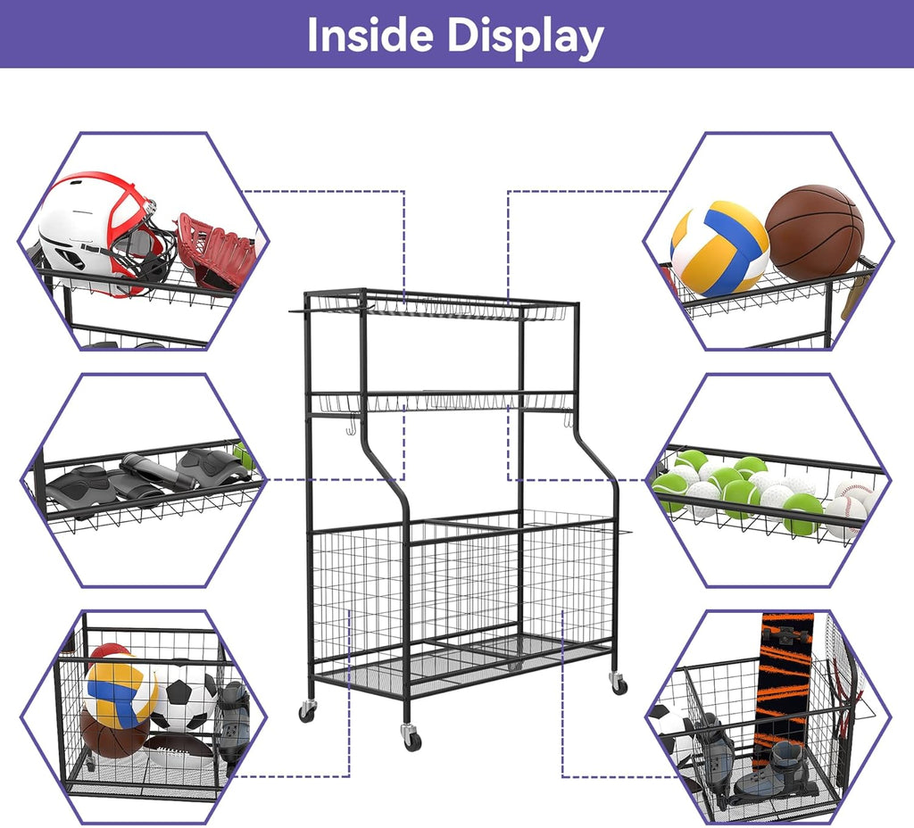 WALMANN Garage Ball Organizer - Indoor/Outdoor Sports Equipment Storage Rack | Rolling Cart for Kids' Balls and Toys