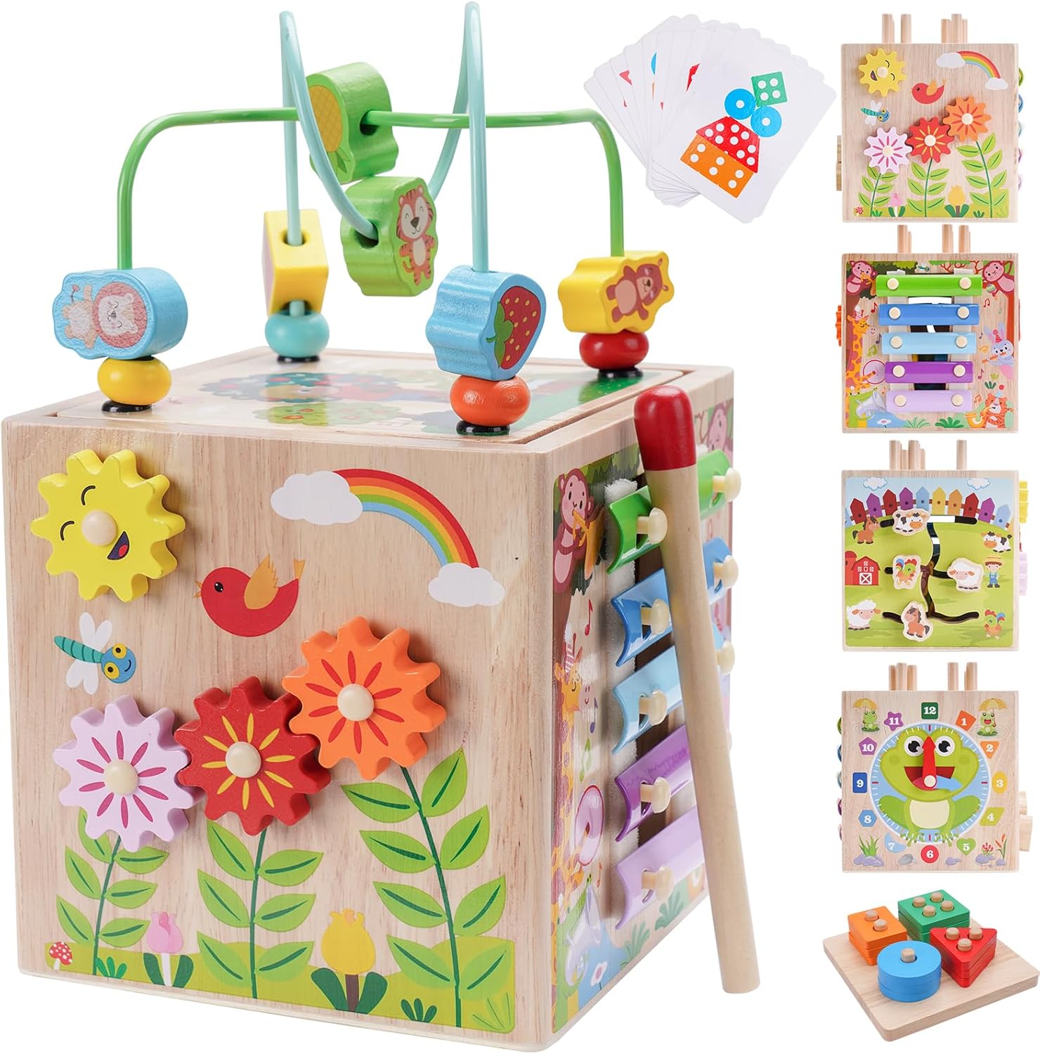 Wooden Activity Cube - Montessori Educational Toy for Toddlers 1-3 Years | Perfect 1st Birthday Gift | Includes Bonus Sorting & Stacking Game (Pink)
