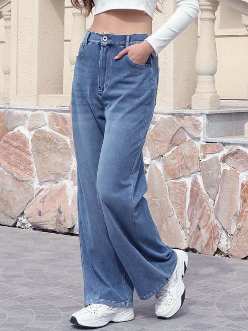 ELLEVEN High Waisted Straight Leg Sweatpant Jeans Woman High Stretchy Pull on Wide Leg Baggy Jeans High Waisted with Elastic Waist Blue Denim Medium