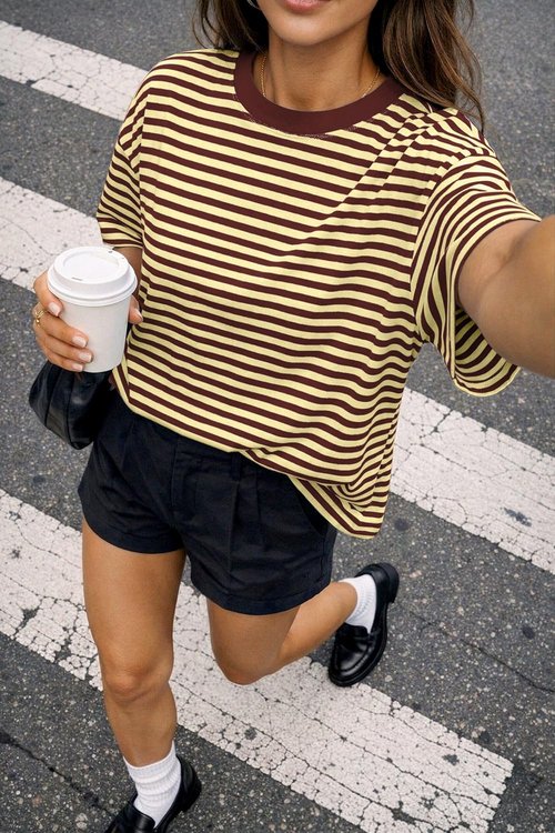 CHYRII Women's Oversized Striped T-Shirt - Casual Short Sleeve Crewneck for Summer Y2K Style